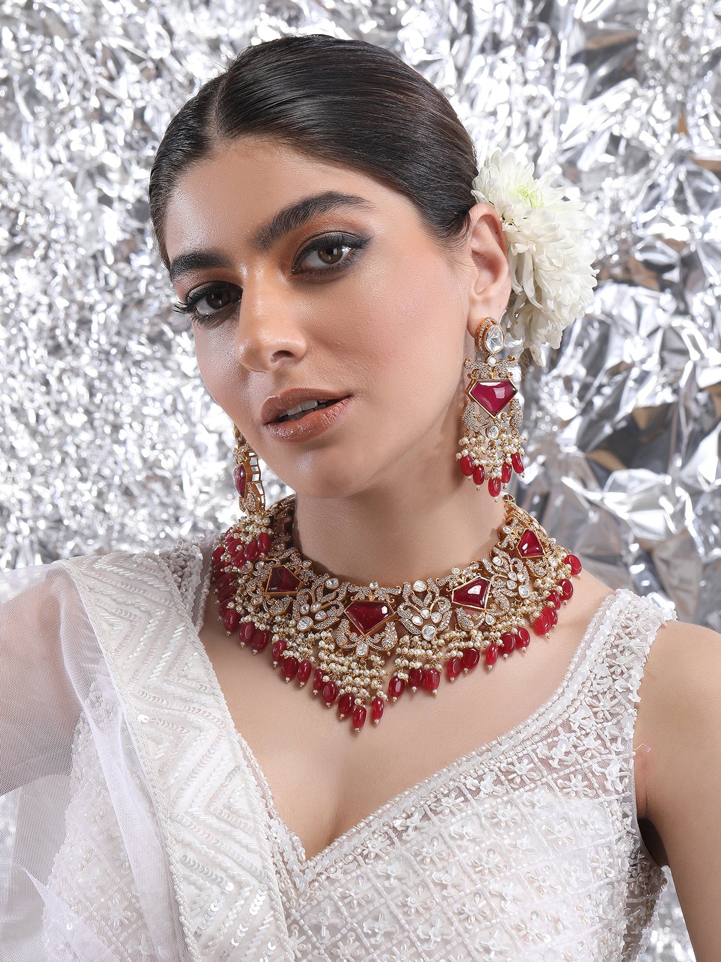 Red Polki Bridal Choker Set For women and Girls - Auraa Trends - Necklace Set - Red Polki Bridal Choker Set For women