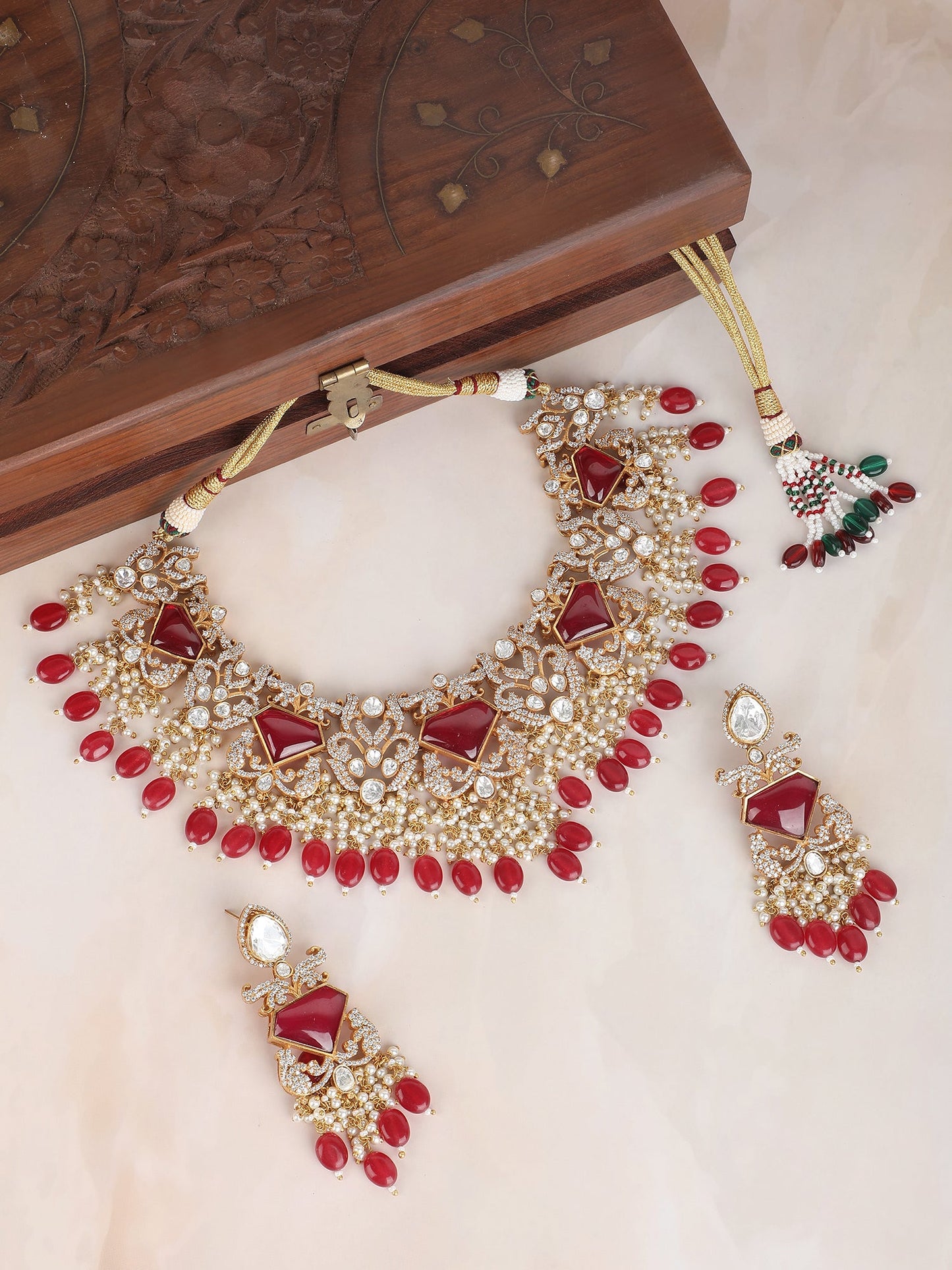 Red Polki Bridal Choker Set For women and Girls - Auraa Trends - Necklace Set - Red Polki Bridal Choker Set For women