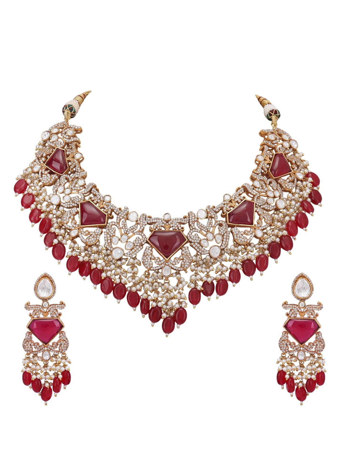 Red Polki Bridal Choker Set For women and Girls - Auraa Trends - Necklace Set - Red Polki Bridal Choker Set For women