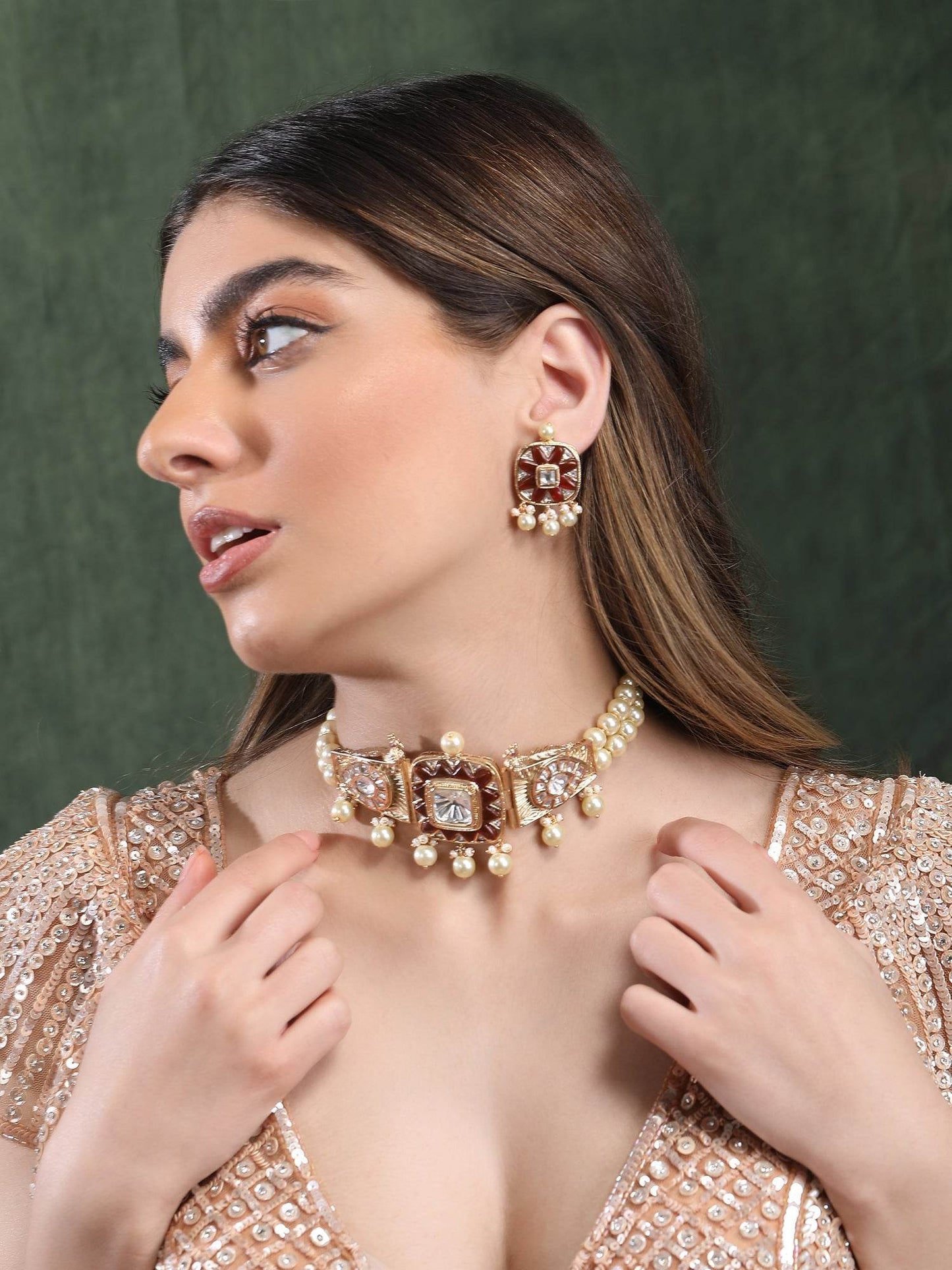 Red & White Polki Choker Set - Auraa Trends