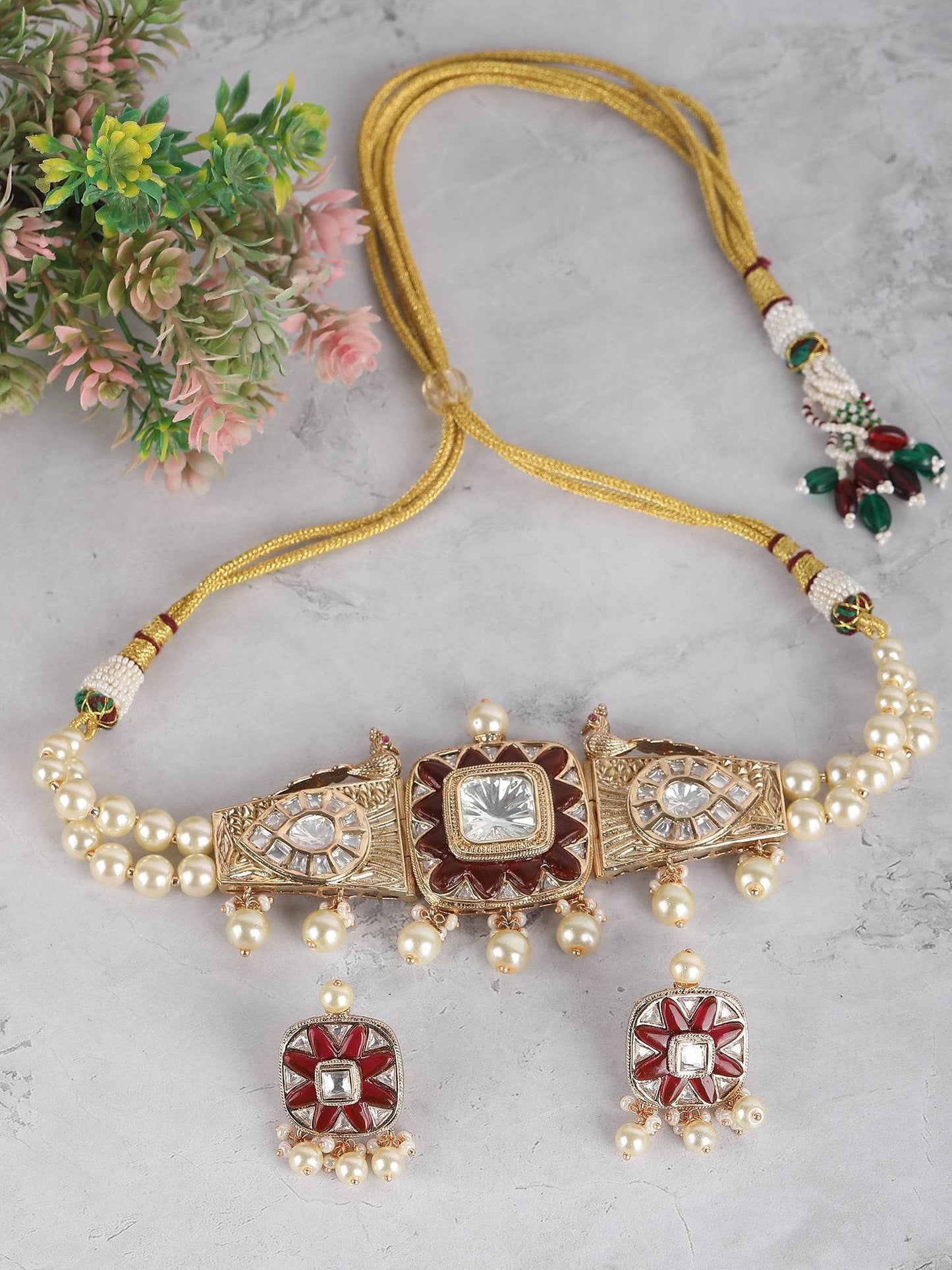 Red & White Polki Choker Set - Auraa Trends