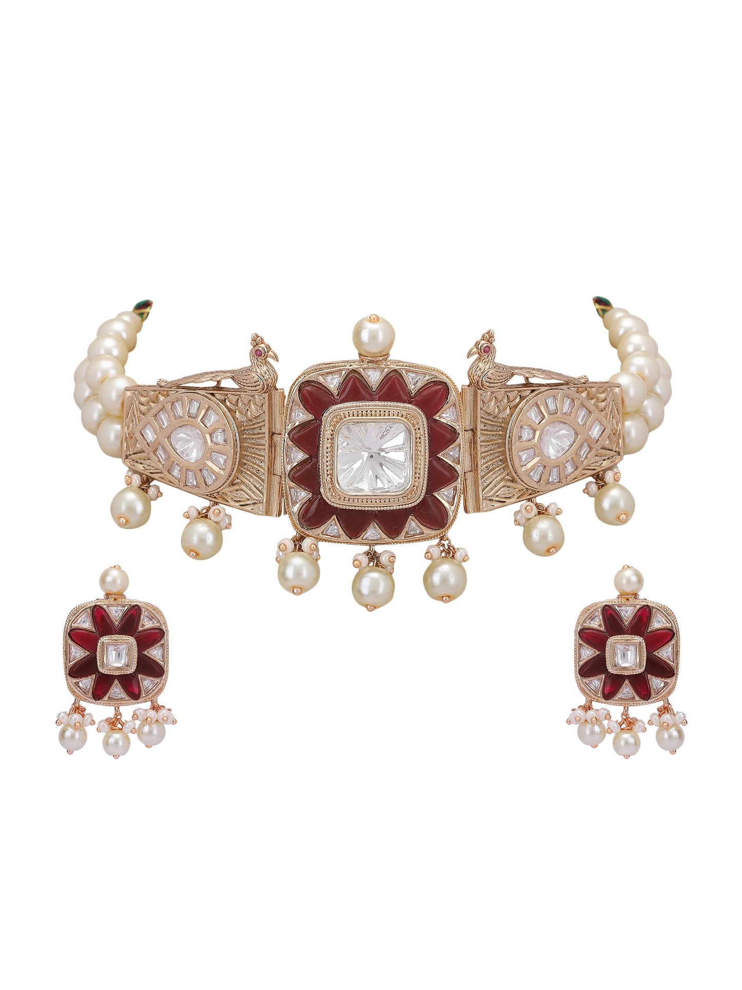 Red & White Polki Choker Set - Auraa Trends - Necklace Set - # - Auraa Trends - Red & White Polki Choker Set