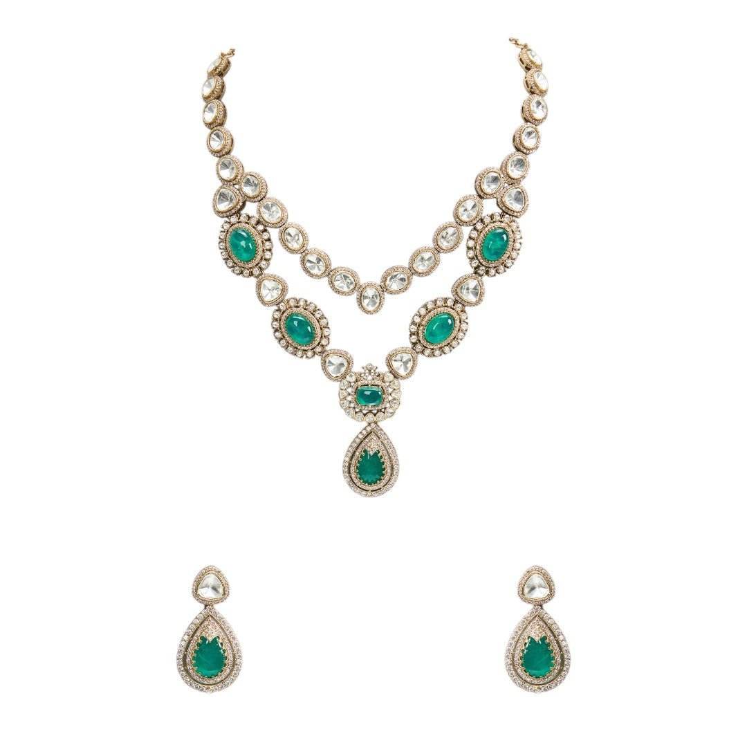 Regal Emerald and Polki Crystal Necklace Set with Coordinate Earrings - Auraa Trends