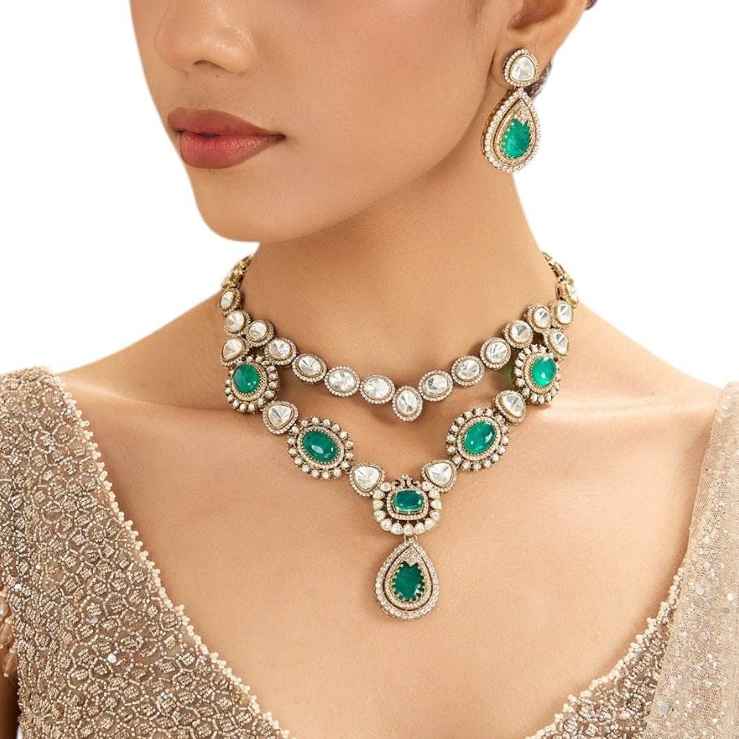 Regal Emerald and Polki Crystal Necklace Set with Coordinate Earrings - Auraa Trends