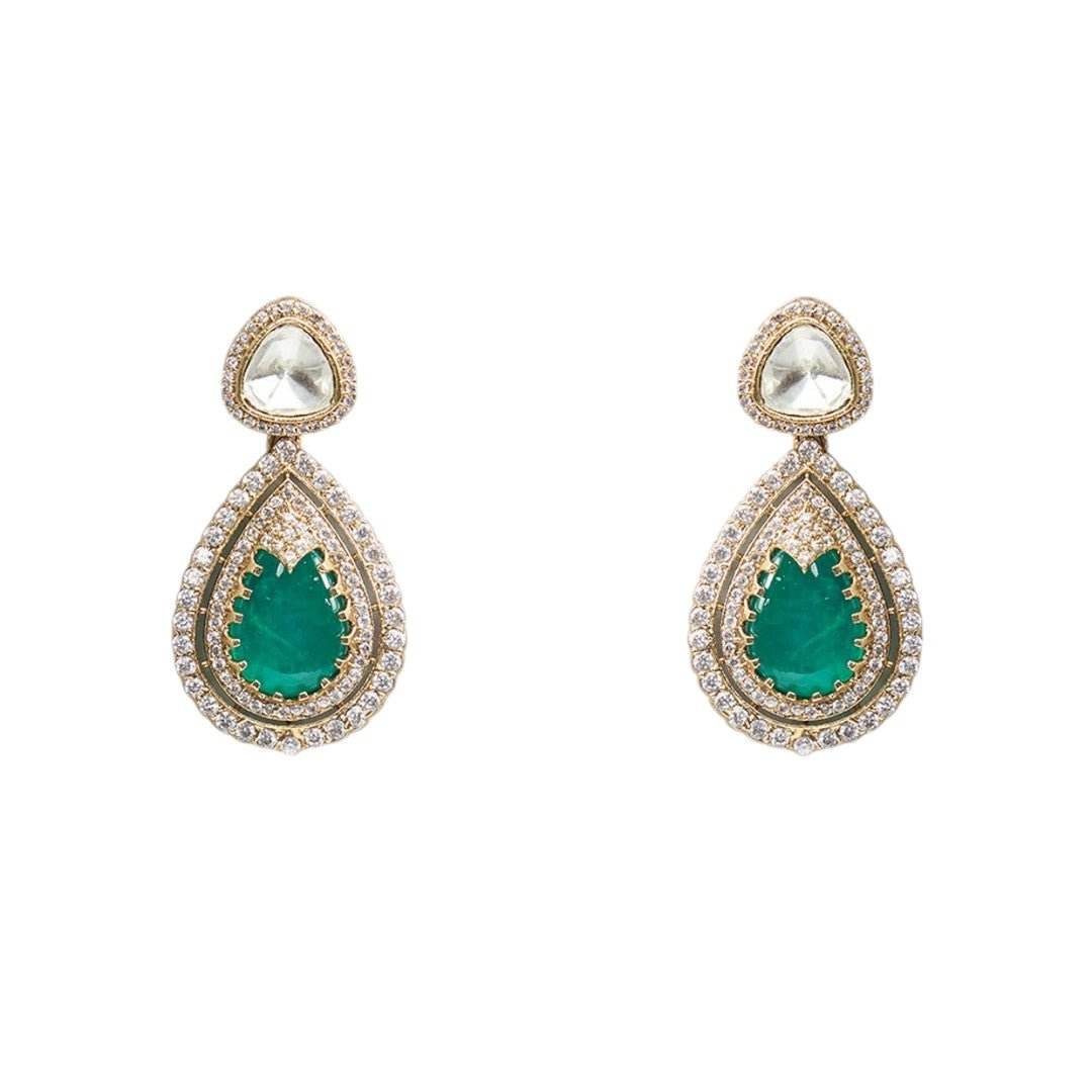 Regal Emerald and Polki Crystal Necklace Set with Coordinate Earrings - Auraa Trends