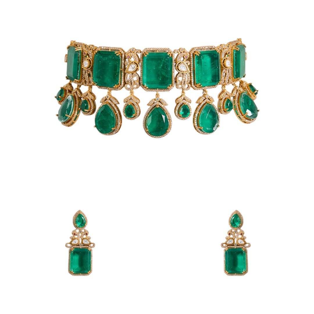 Regal Emerald Drop Choker Necklace Set with Matching Earrings - Auraa Trends
