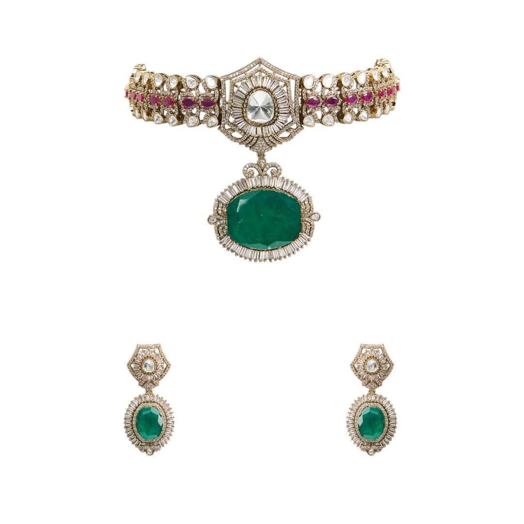 Regal Emerald Pendant Choker Set with Earrings - Auraa Trends