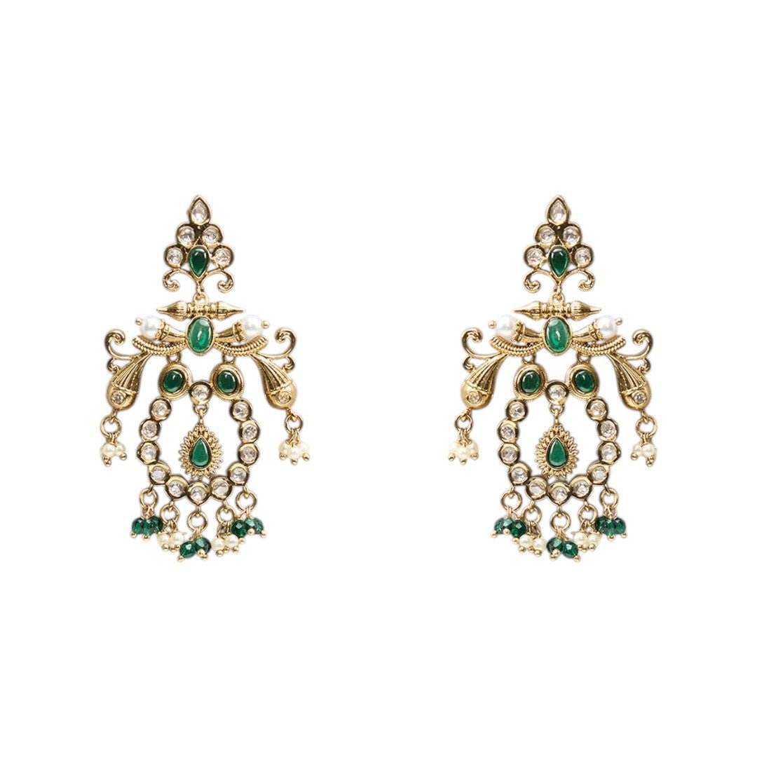 Regal Gold-Plated Emerald Green & Pearl Chandbali Earrings – Classic Statement Jewelry - Auraa Trends