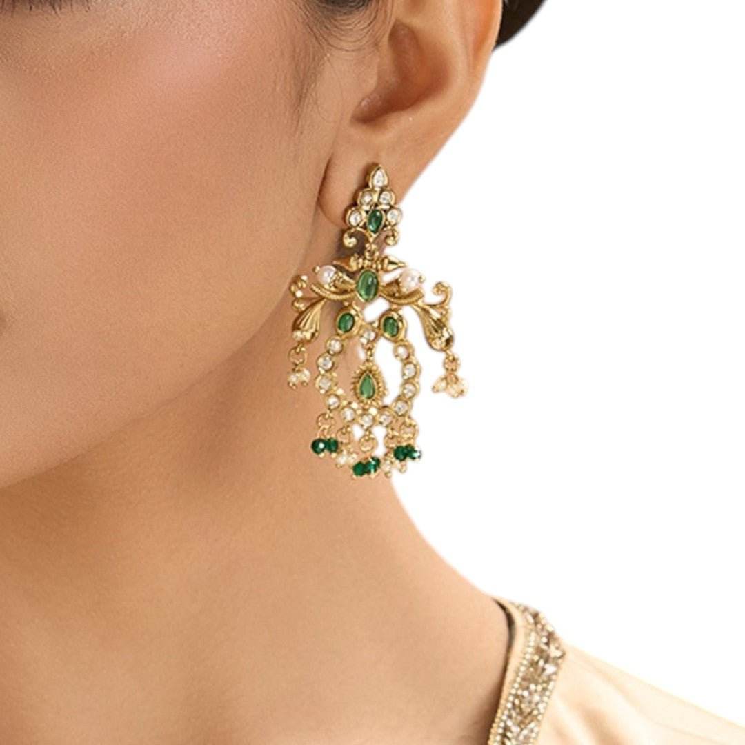 Regal Gold-Plated Emerald Green & Pearl Chandbali Earrings – Classic Statement Jewelry - Auraa Trends