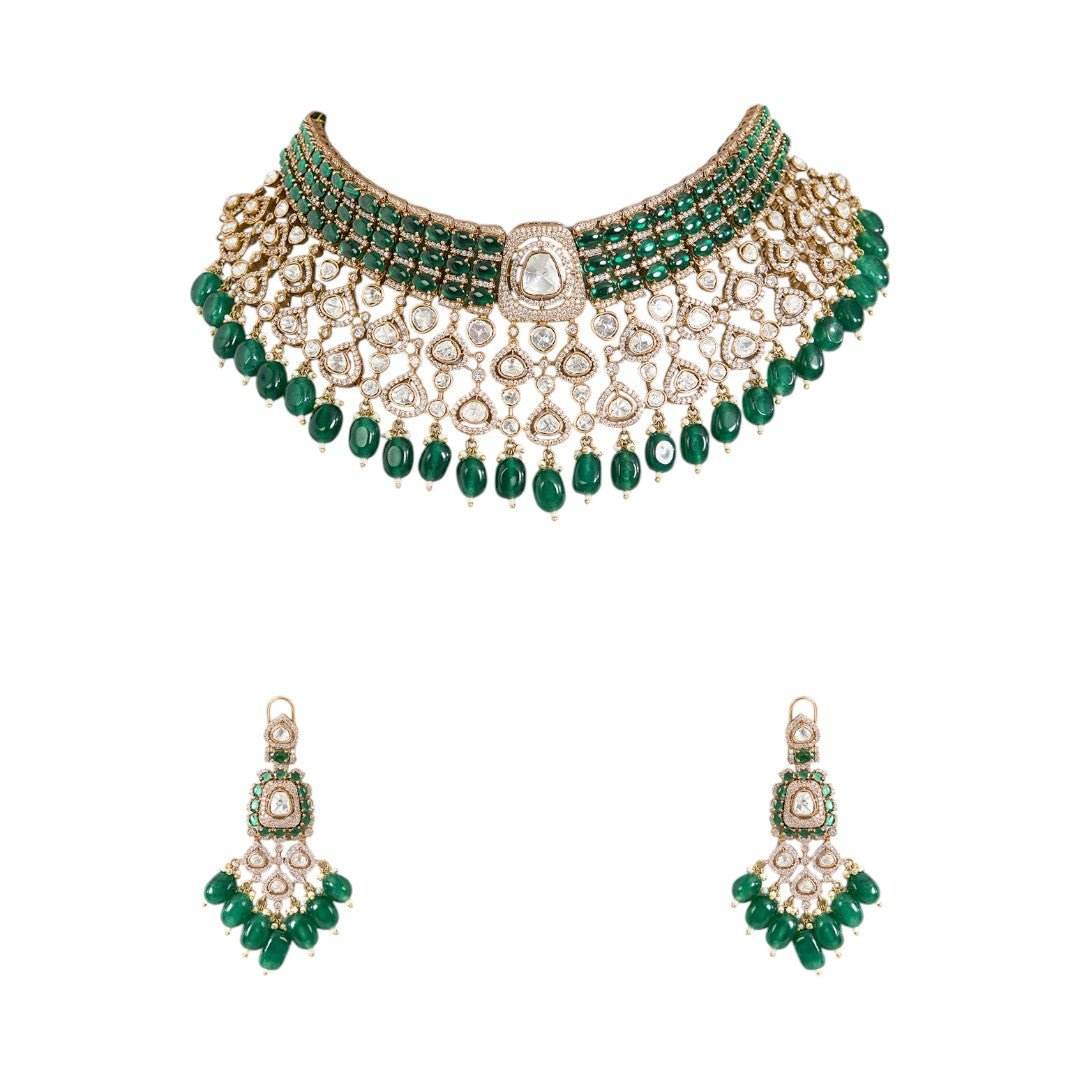 Regal Green and Pearl Choker Necklace with Earrings Set Matching - Auraa Trends