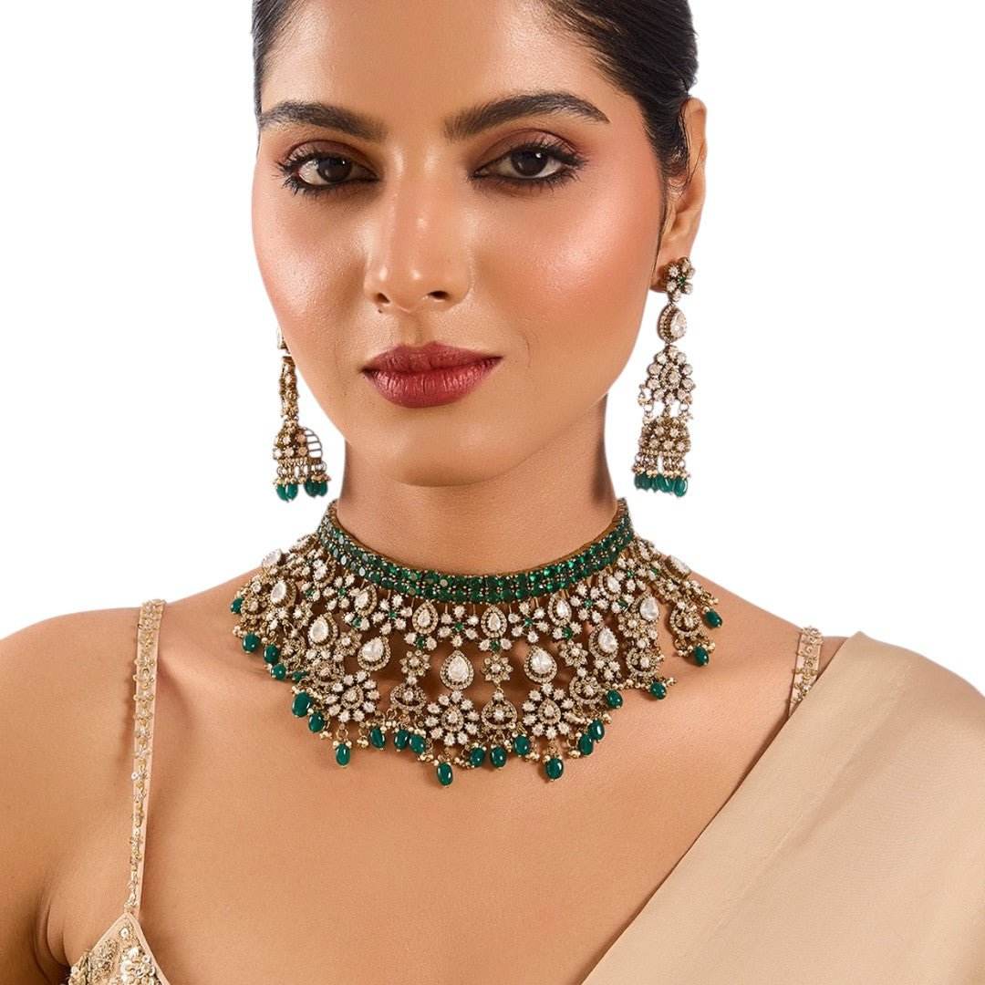 Regal Green and Pearl Choker Necklace with Earrings Set Matching - Auraa Trends