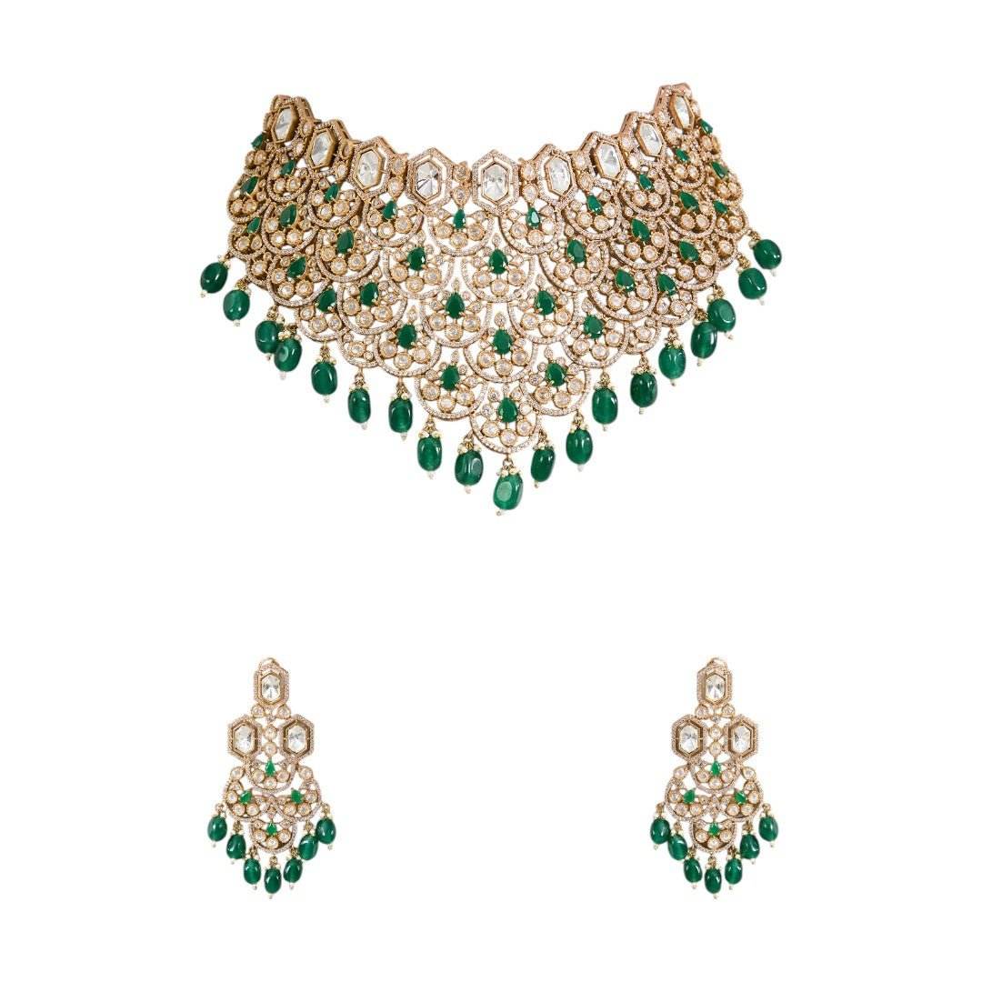 Regal Green and Pearl Choker Necklace with Matching Earrings for Weddings and Festivities - Auraa Trends