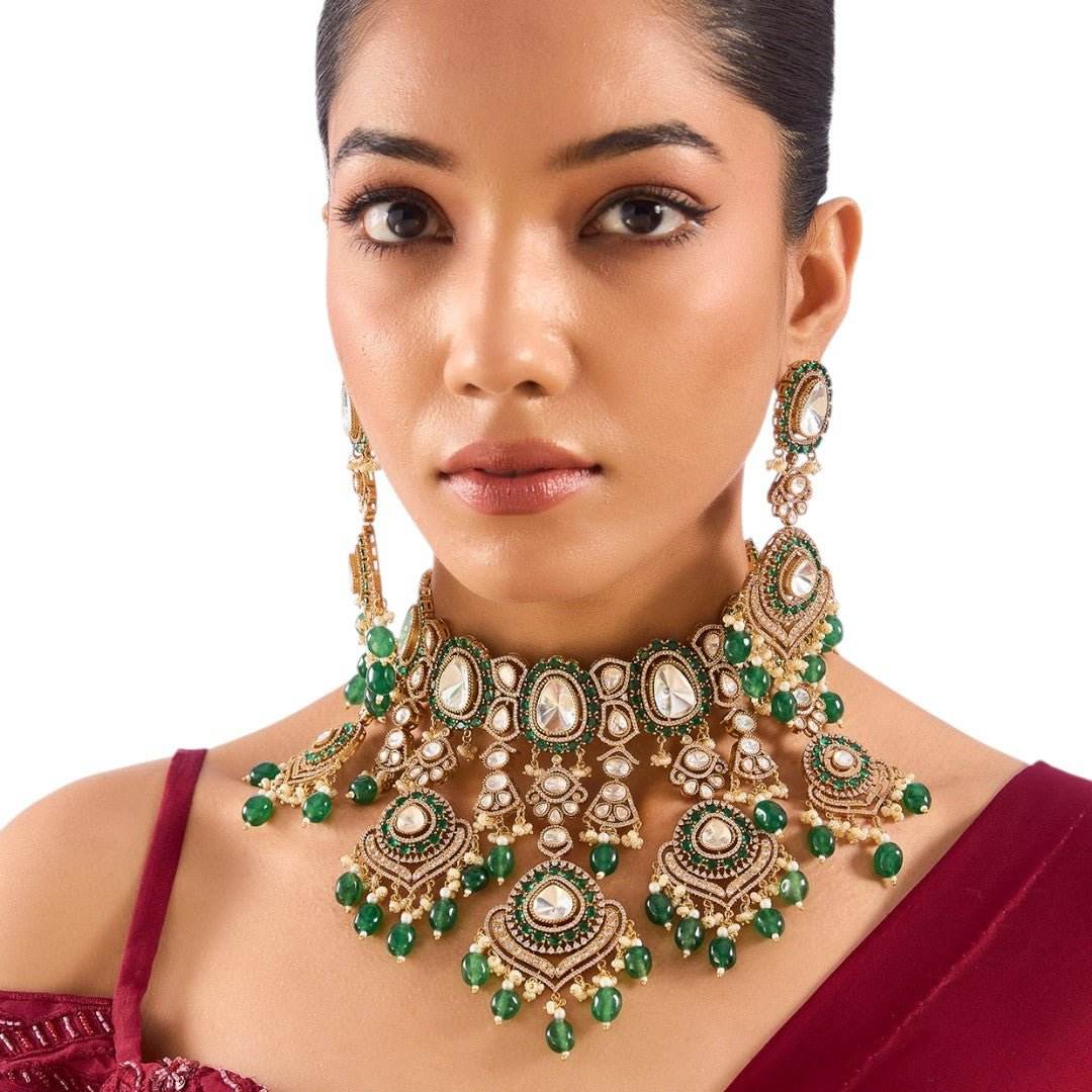 Regal Kundan and Emerald Green Beaded Choker Necklace Set - Auraa Trends