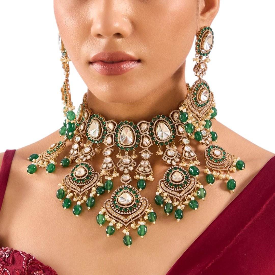 Regal Kundan and Emerald Green Beaded Choker Necklace Set - Auraa Trends