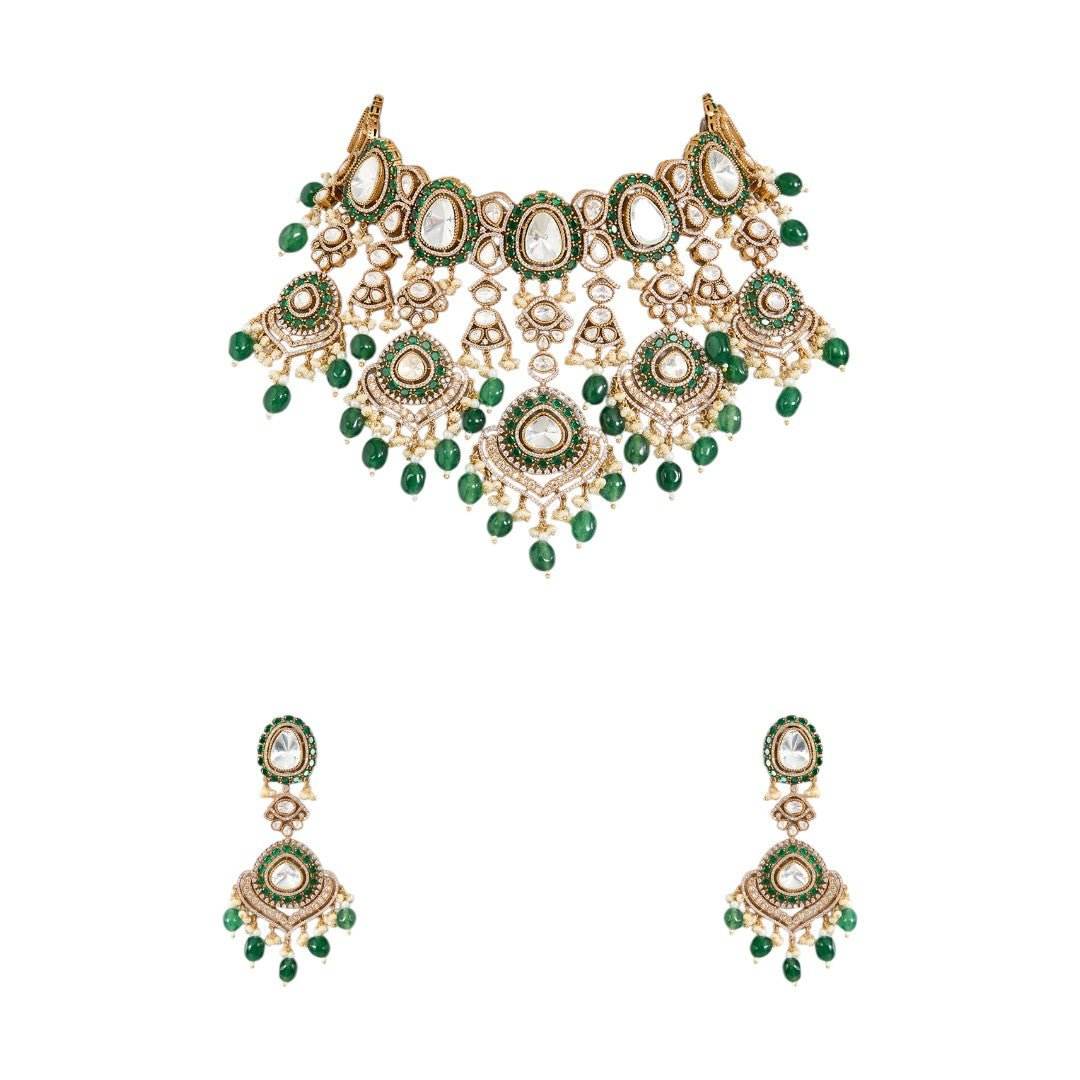 Regal Kundan and Emerald Green Beaded Choker Necklace Set - Auraa Trends