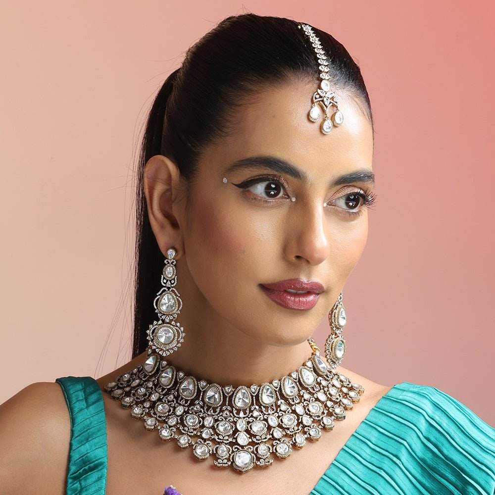 Regal Kundan Bridal Choker Set in Polki White – Classic Multi-Layered Statement - Auraa Trends