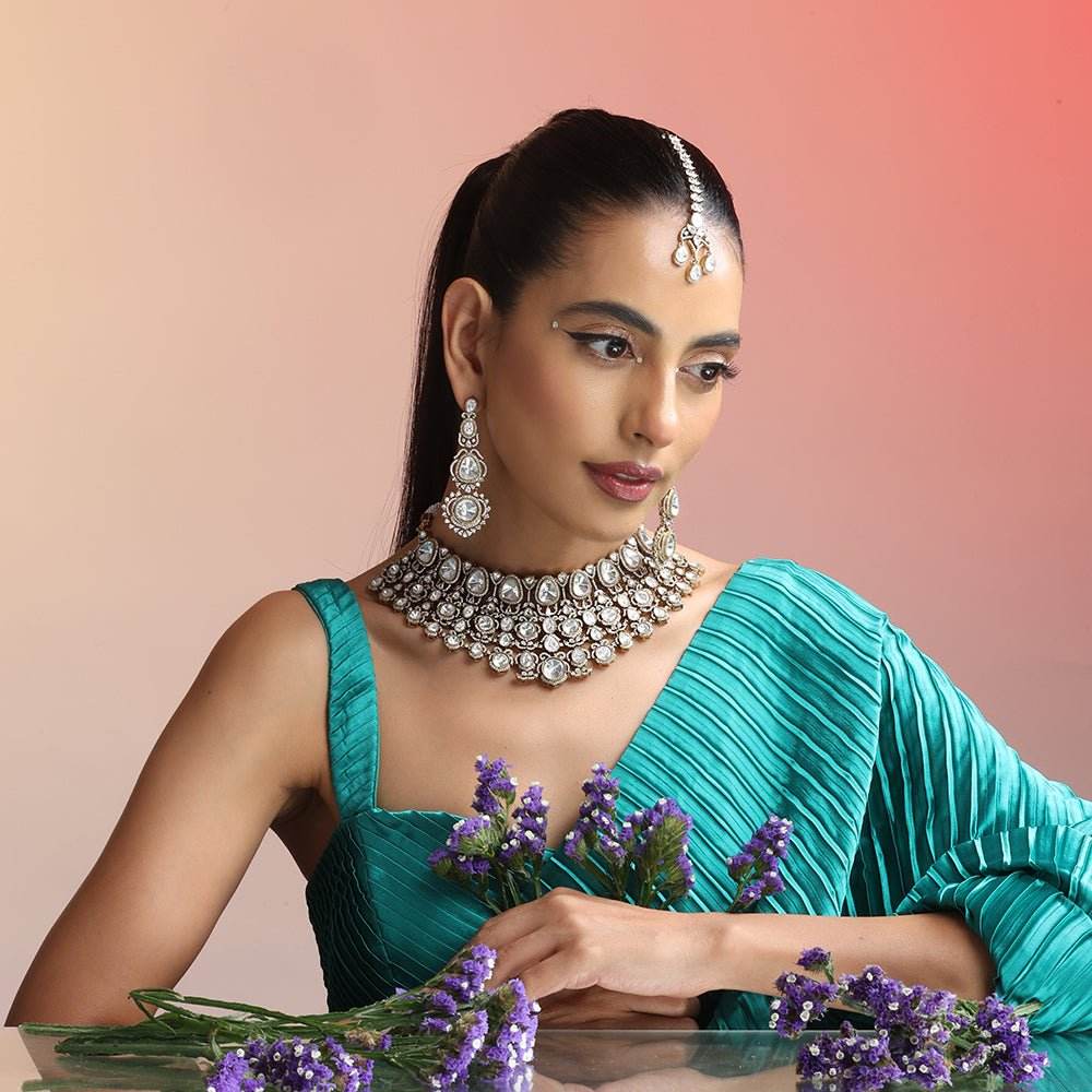 Regal Kundan Bridal Choker Set in Polki White – Classic Multi-Layered Statement - Auraa Trends