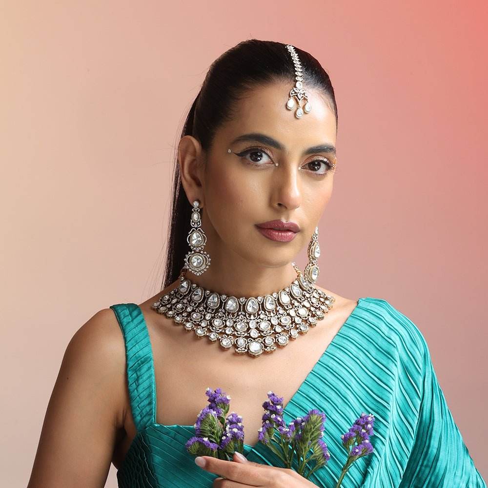 Regal Kundan Bridal Choker Set in Polki White – Classic Multi-Layered Statement - Auraa Trends