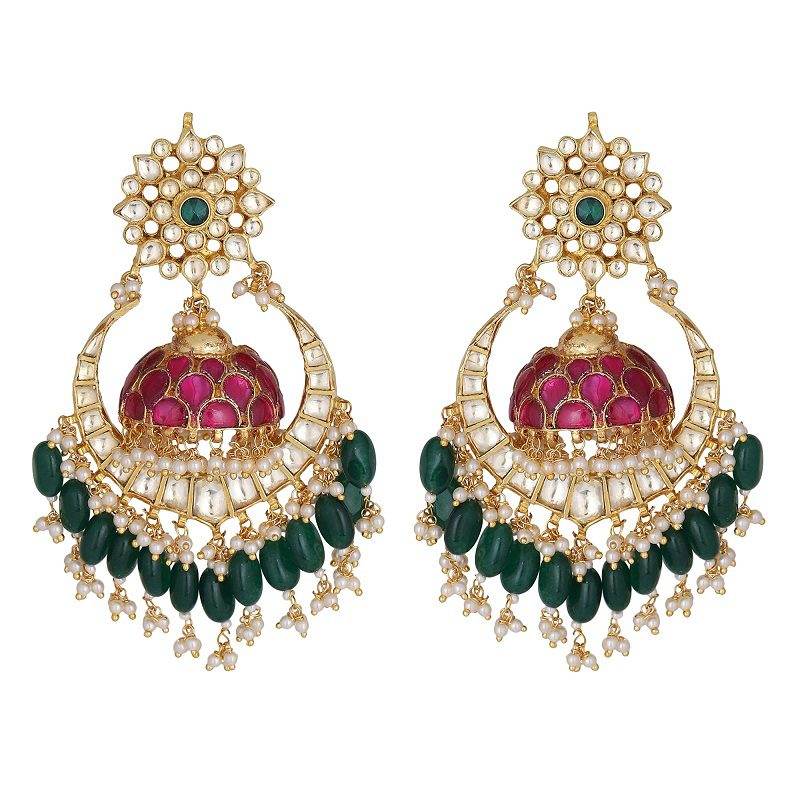 Regal Kundan Chandbaali Earrings with Ruby and Emerald Accents - Auraa Trends
