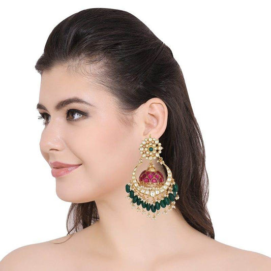 Regal Kundan Chandbaali Earrings with Ruby and Emerald Accents - Auraa Trends