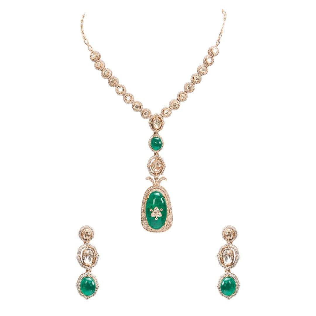 Regal Long Pendant Necklace Set with Emerald Green Centerpiece – Statement Bridal Jewelry - Auraa Trends