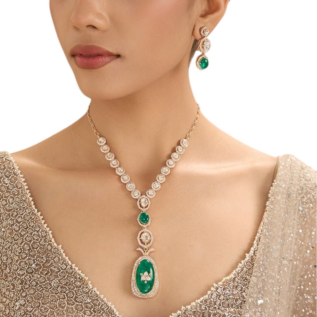 Regal Long Pendant Necklace Set with Emerald Green Centerpiece – Statement Bridal Jewelry - Auraa Trends - necklace - - Auraa Trends - Long gold - finish pendant necklace adorned with a dramatic emerald green centerpiece and coordinated drop earrings, perfect for bridal or reception attire.