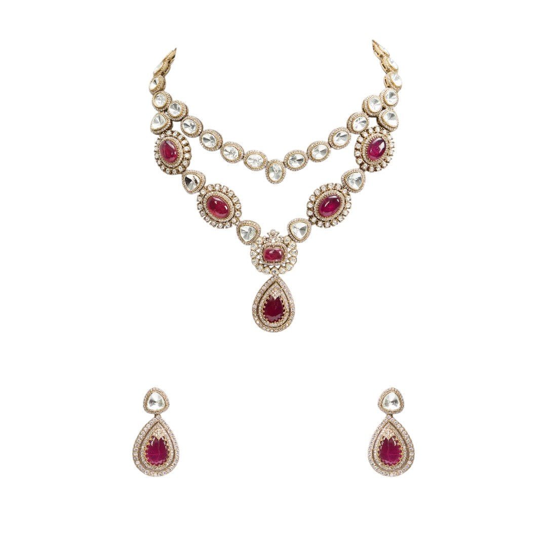 Regal Ruby Kundan Necklace Set – Dual - Layer Necklace with Earrings - Auraa Trends - necklace - - Auraa Trends - Regal Ruby Kundan Necklace Set – Dual - Layer Necklace with Earrings