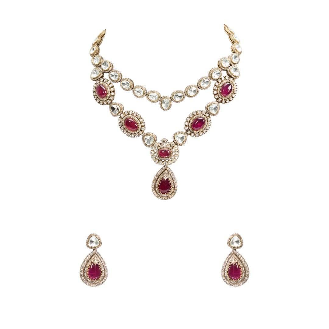 Regal Ruby Kundan Necklace Set – Dual-Layer Necklace with Earrings - Auraa Trends