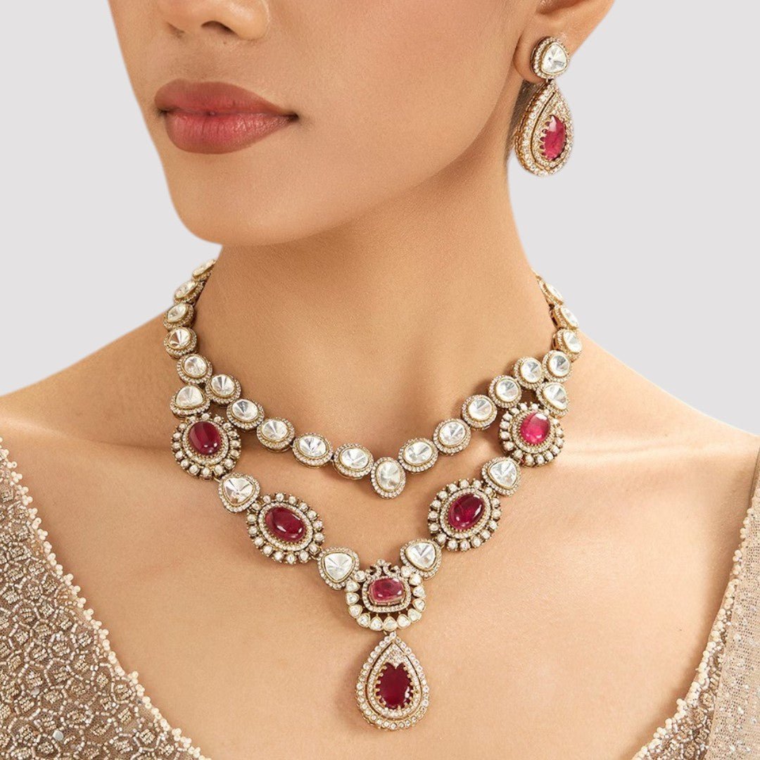 Regal Ruby Kundan Necklace Set – Dual - Layer Necklace with Earrings - Auraa Trends - necklace - - Auraa Trends - Regal Ruby Kundan Necklace Set – Dual - Layer Necklace with Earrings