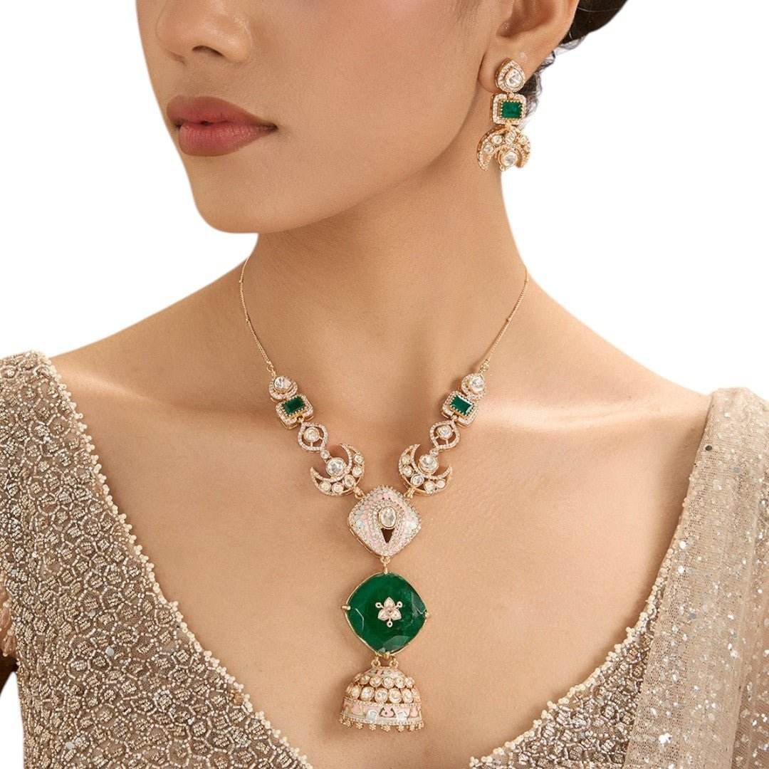 Regal Temple-Inspired Long Pendant Necklace Set with Green Accents and Bell Charm – Bridal Jewelry Set - Auraa Trends