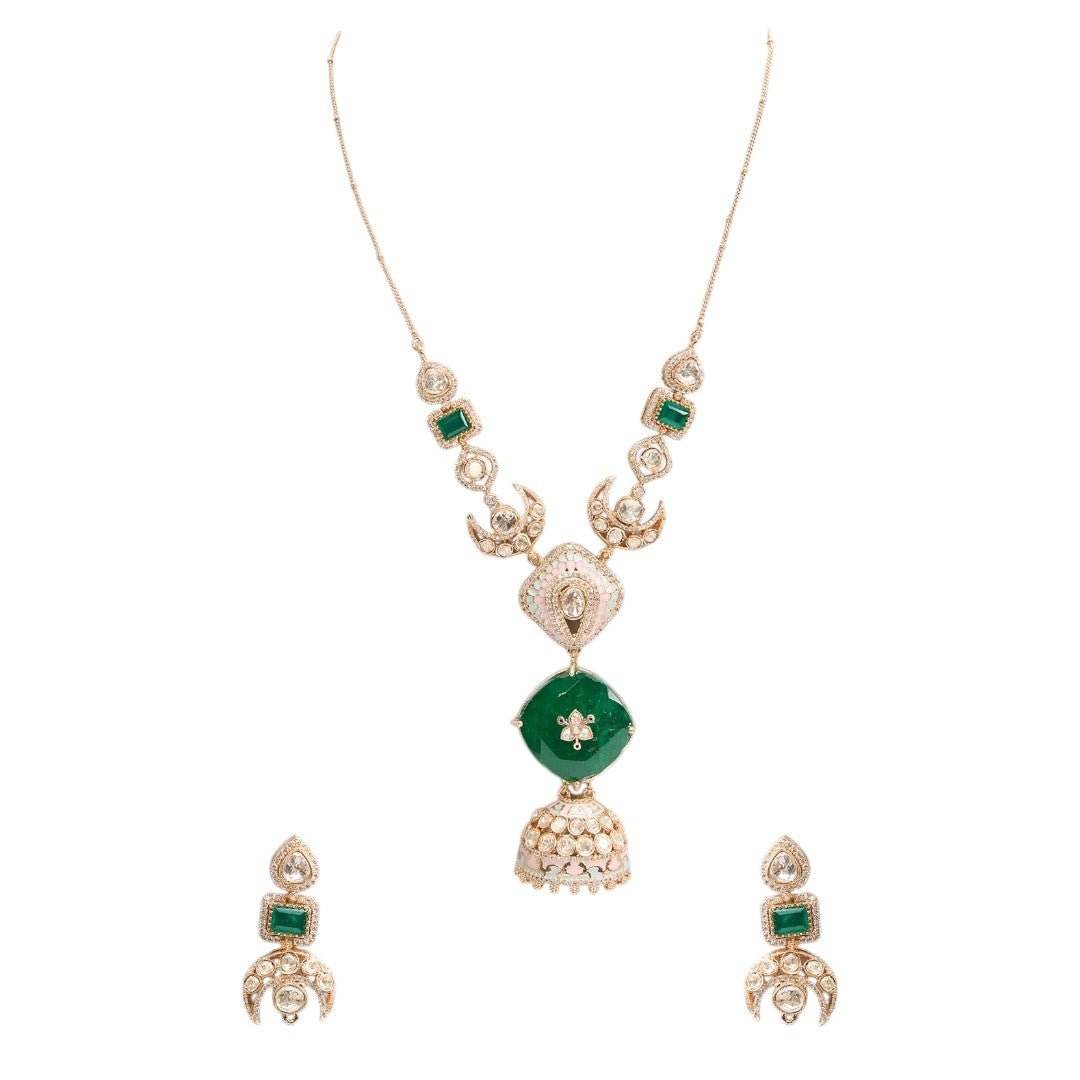 Regal Temple-Inspired Long Pendant Necklace Set with Green Accents and Bell Charm – Bridal Jewelry Set - Auraa Trends