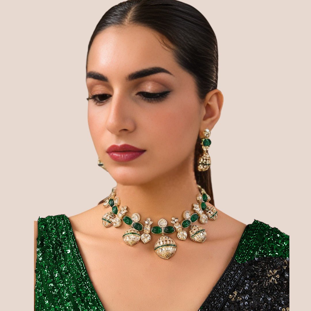 Resplendent Kundan Green Necklace Set with Jhumka Earrings. - Auraa Trends - necklace - # - Auraa Trends - Resplendent Kundan Green Necklace Set with Jhumka Earrings.