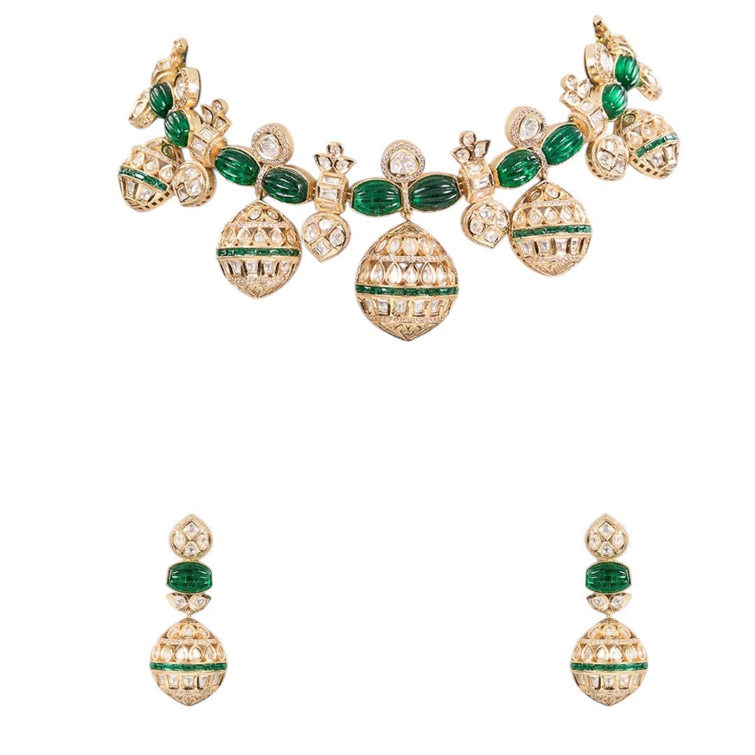 Resplendent Kundan Green Necklace Set with Jhumka Earrings. - Auraa Trends - necklace - # - Auraa Trends - Resplendent Kundan Green Necklace Set with Jhumka Earrings.