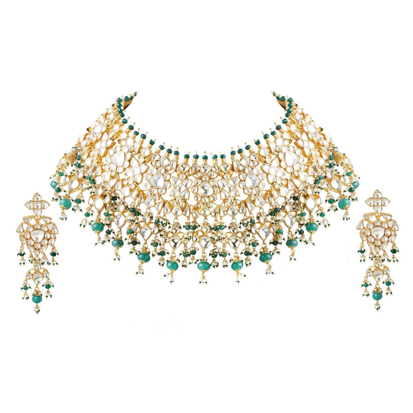 Resplendent Kundan Necklace Set with Emerald Accents - Auraa Trends - Necklaces Resplendent Kundan Necklace Set with Emerald