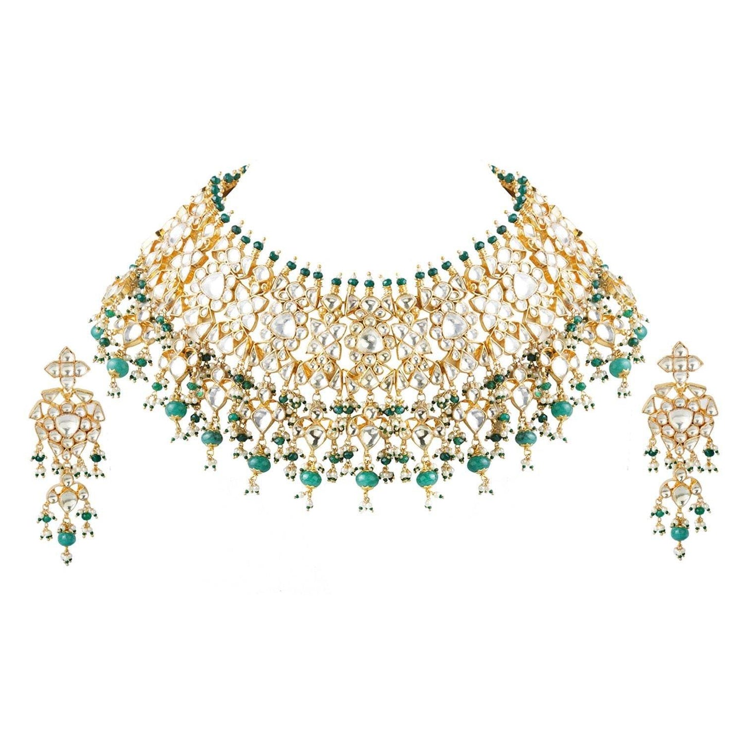 Resplendent Kundan Necklace Set with Emerald Accents - Auraa Trends
