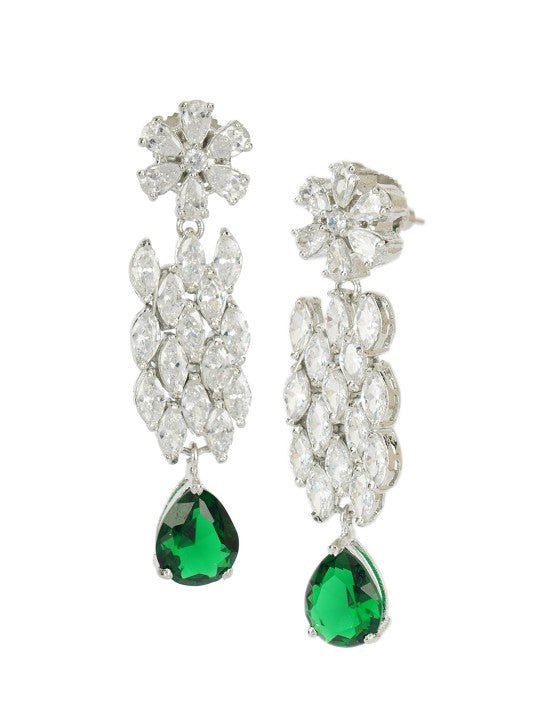 Rhodium Finish Diamond Choker Set with Emerald Green Drops - Auraa Trends - Choker - Rhodium Finish Diamond Choker Set Green