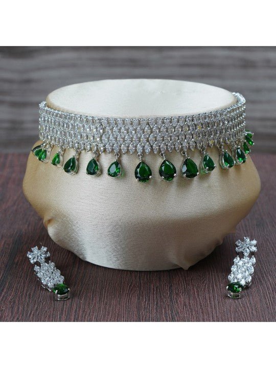 Rhodium Finish Diamond Choker Set with Emerald Green Drops - Auraa Trends - Choker - Rhodium Finish Diamond Choker Set Green
