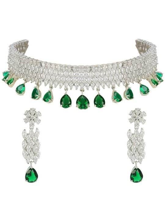 Rhodium Finish Diamond Choker Set with Emerald Green Drops - Auraa Trends