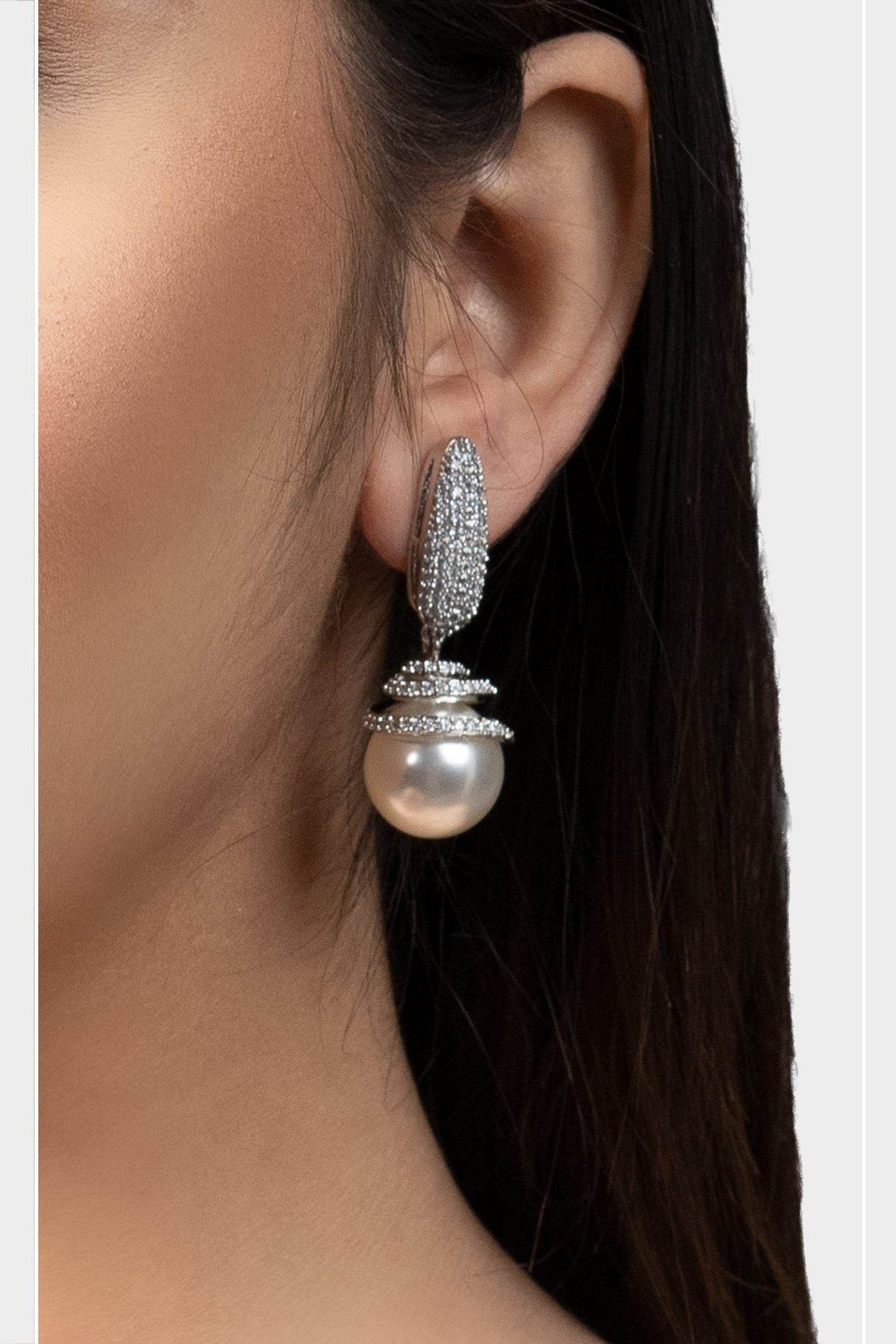 Rhodium Finish Diamond Drop Earrings - Auraa Trends