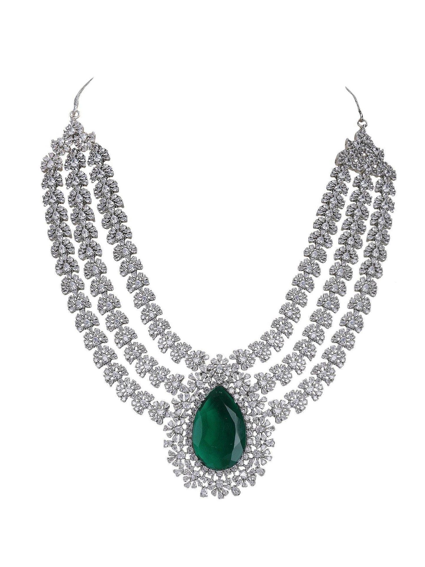 Rhodium Plated AD Stone Studded Triple Layered Necklace Set - Auraa Trends