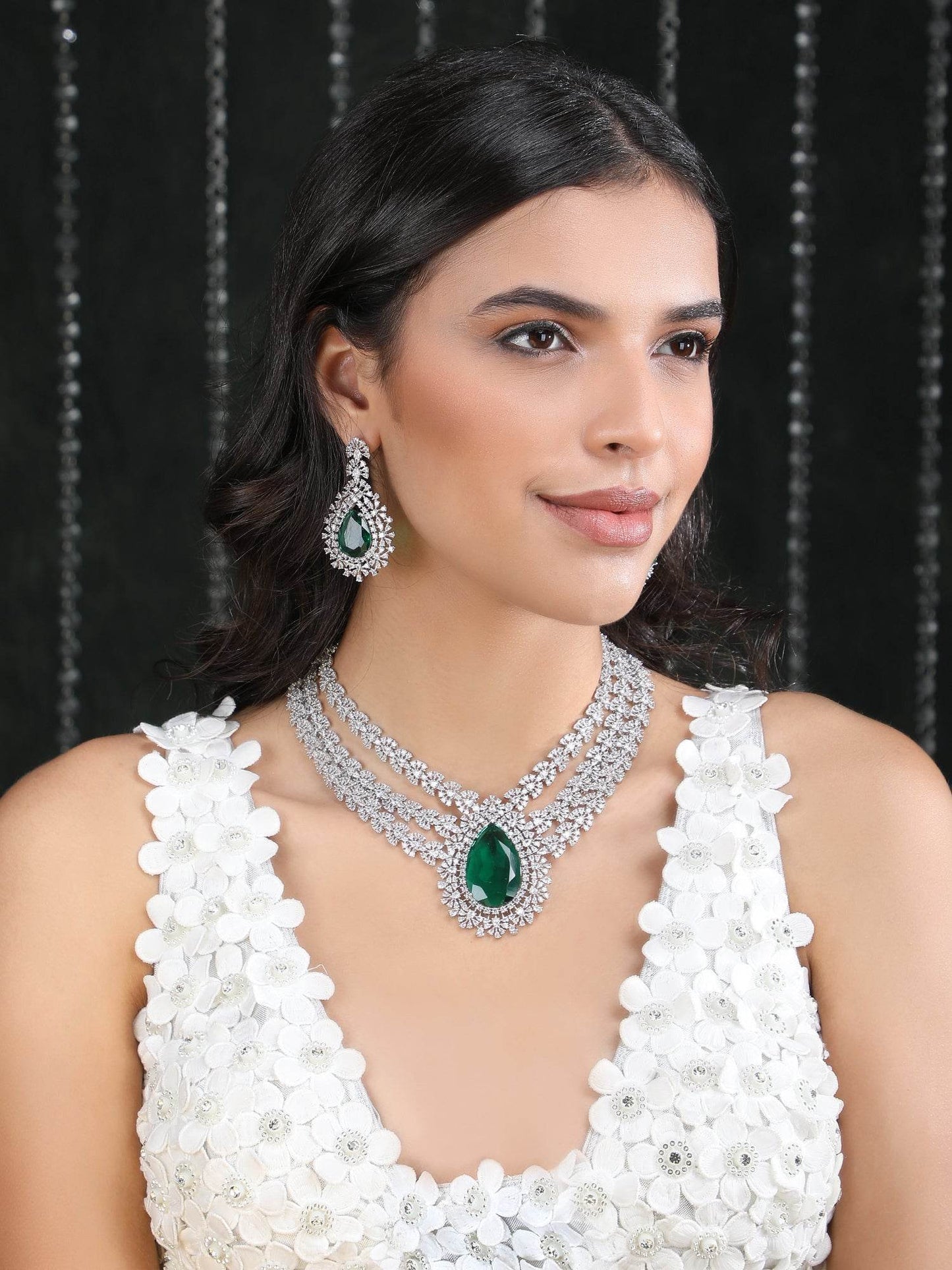 Rhodium Plated AD Stone Studded Triple Layered Necklace Set - Auraa Trends