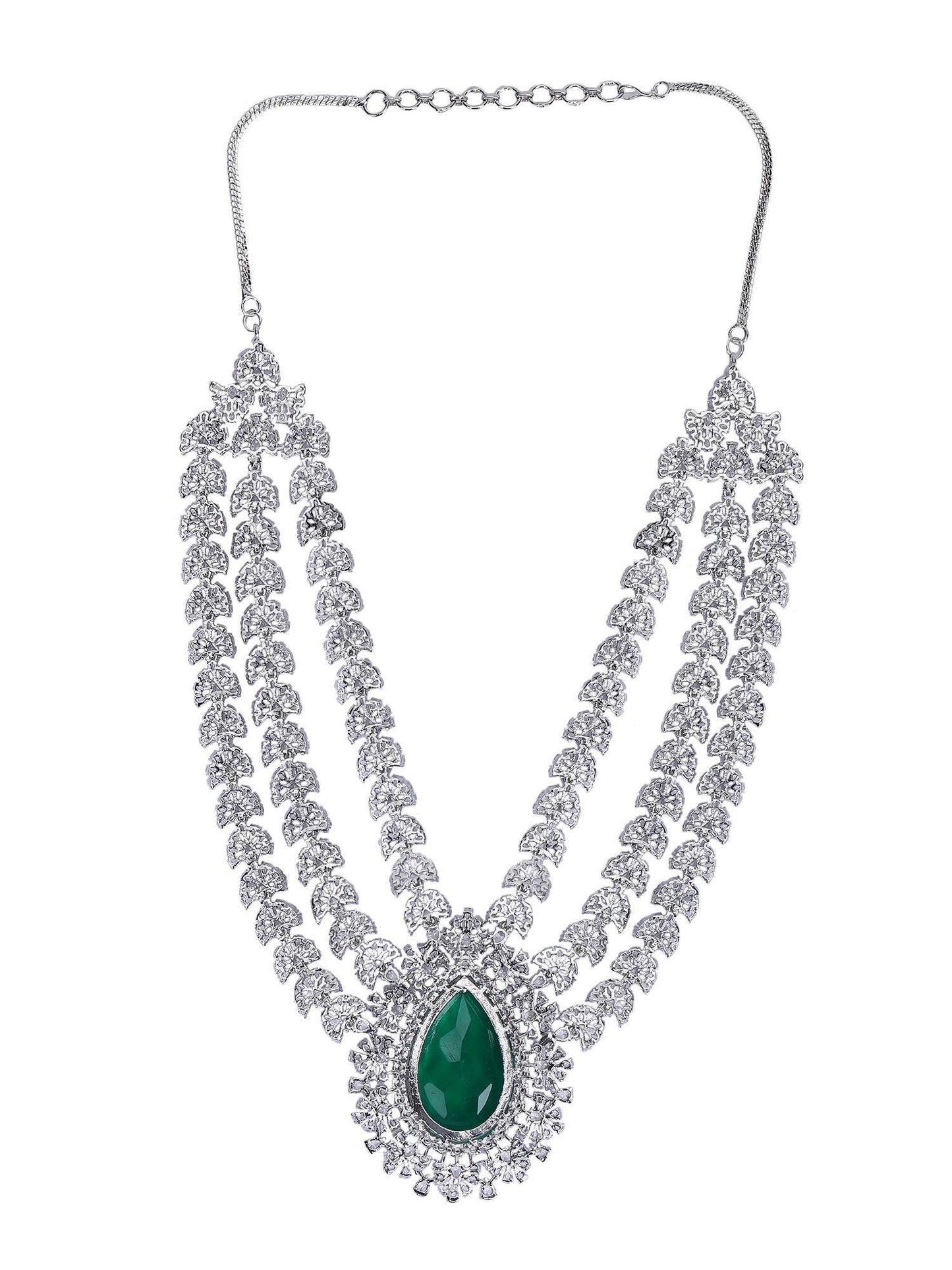 Rhodium Plated AD Stone Studded Triple Layered Necklace Set - Auraa Trends