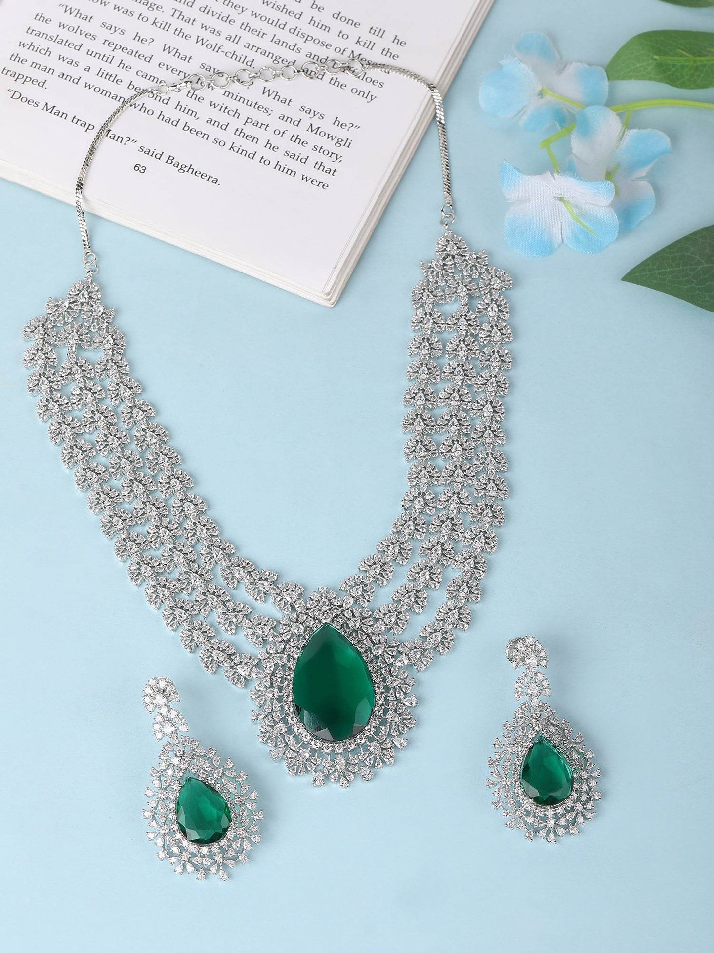 Rhodium Plated AD Stone Studded Triple Layered Necklace Set - Auraa Trends