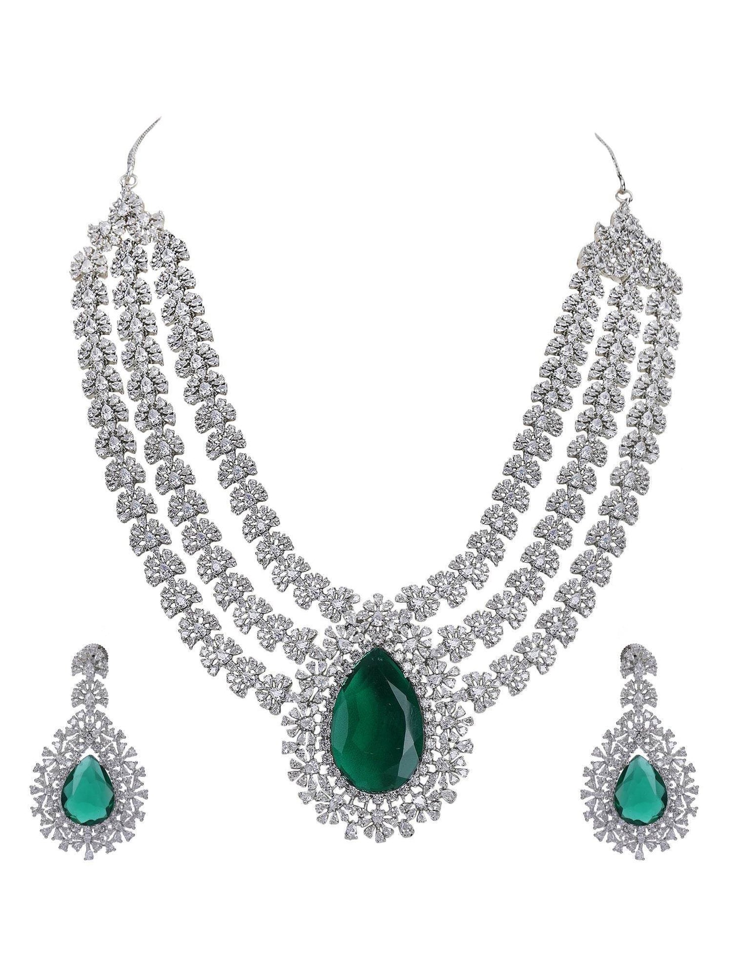 Rhodium Plated AD Stone Studded Triple Layered Necklace Set - Auraa Trends