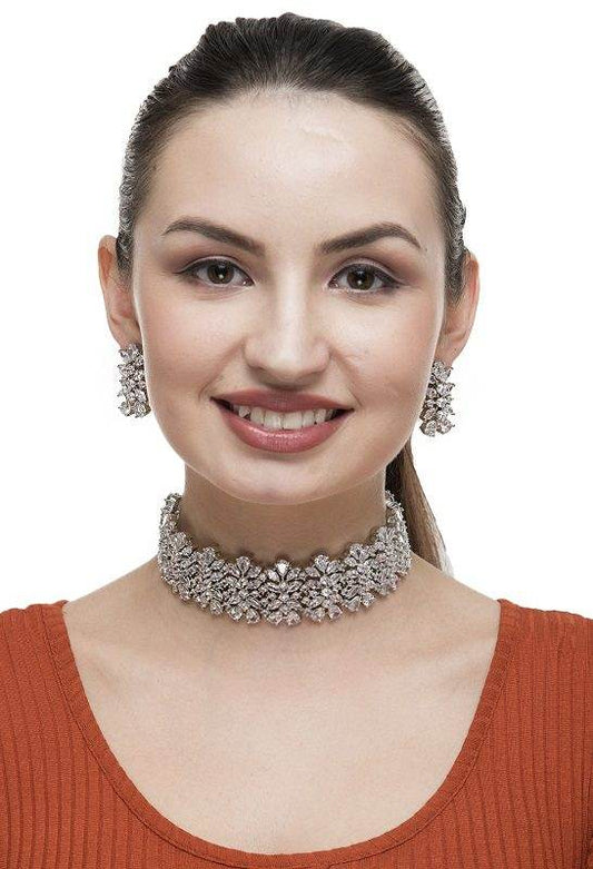Rhodium-Plated American Diamond Choker Set - Auraa Trends