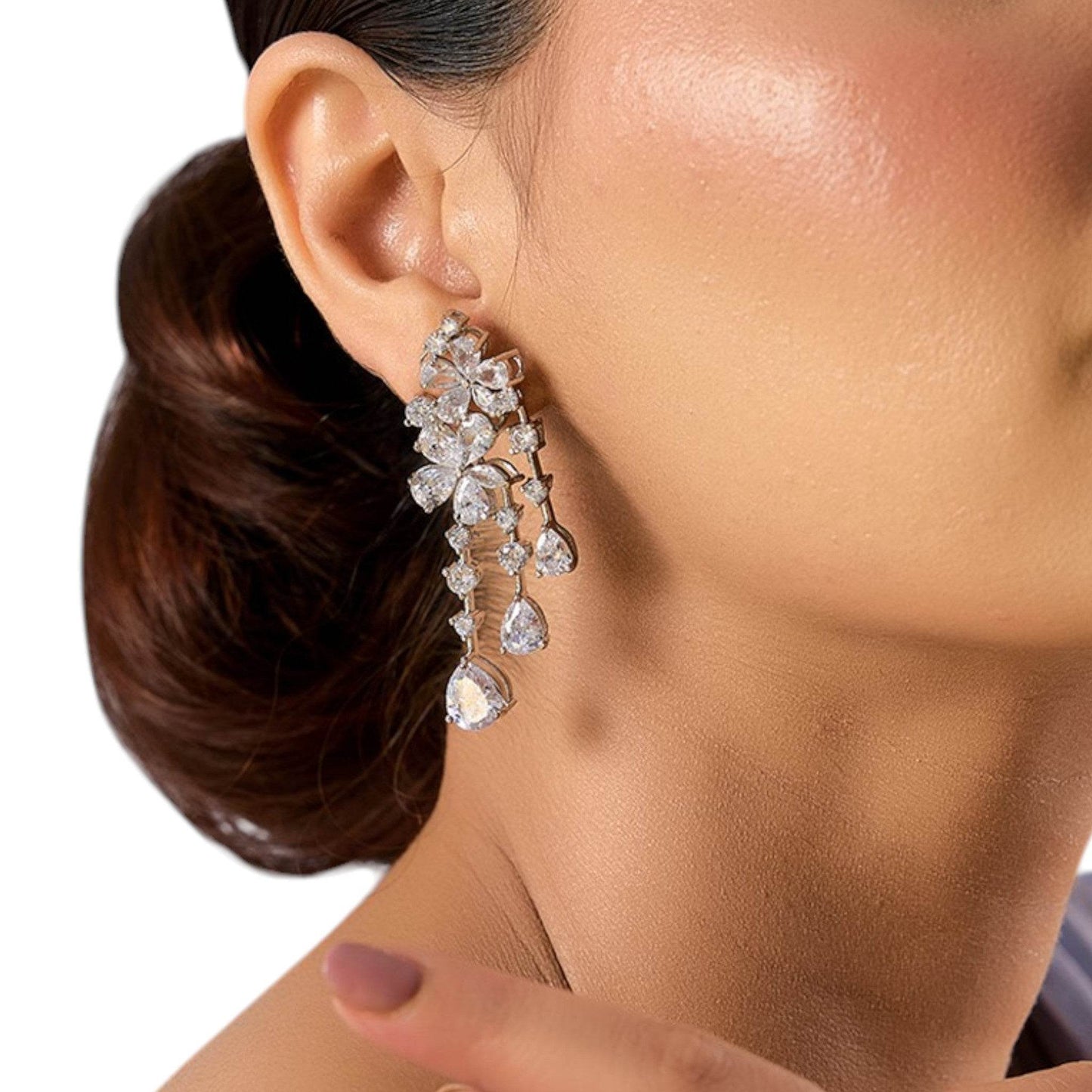 Rhodium-Plated American Diamond Floral Drop Earrings for Women - Auraa Trends