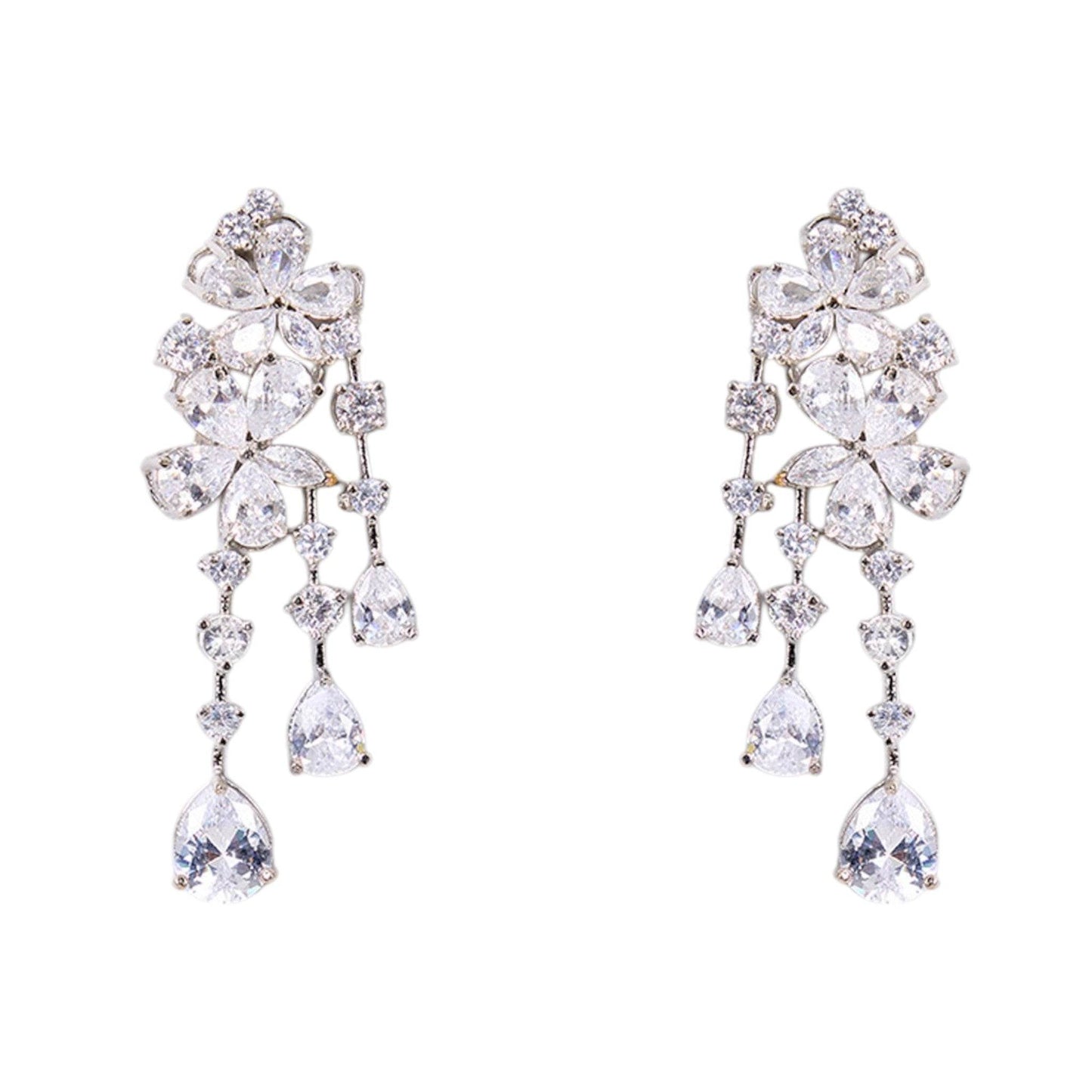 Rhodium-Plated American Diamond Floral Drop Earrings for Women - Auraa Trends