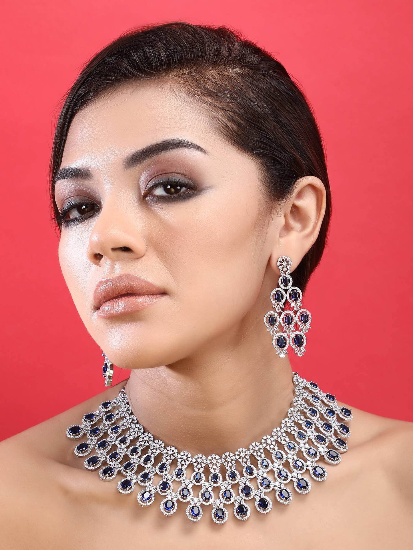 Rhodium Plated American Diamond Necklace Set For Women - Auraa Trends