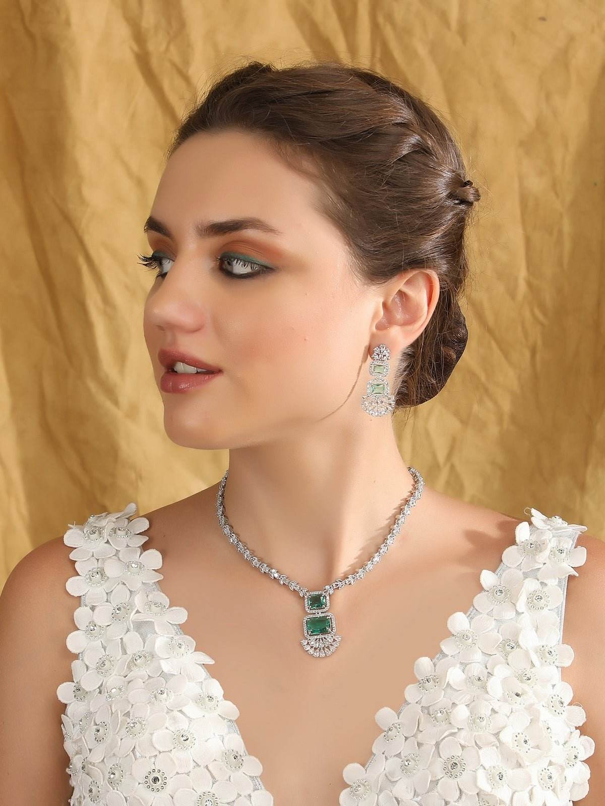 Rhodium-Plated American Diamond Necklace Set - Auraa Trends