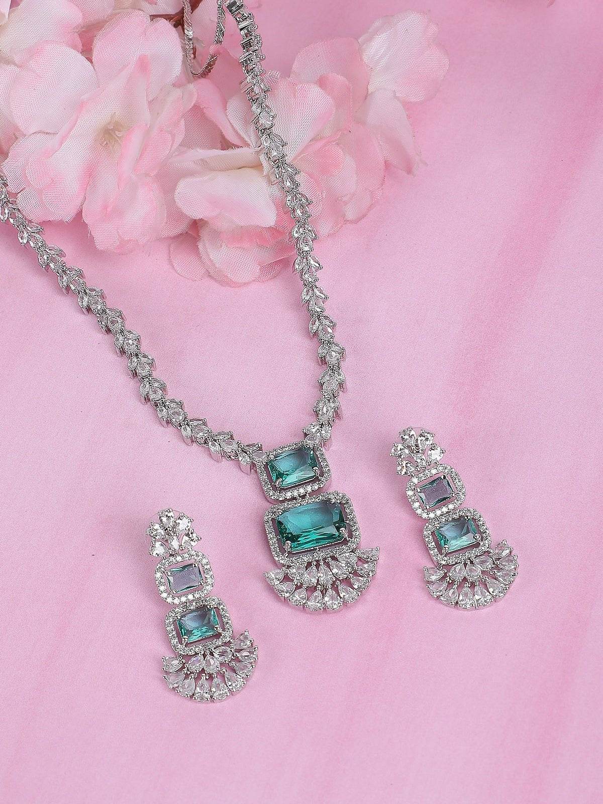 Rhodium-Plated American Diamond Necklace Set - Auraa Trends